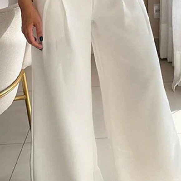 White Boho Women's Casual Solid Color Pleated Wide Leg Pants - Picture 4 of 4